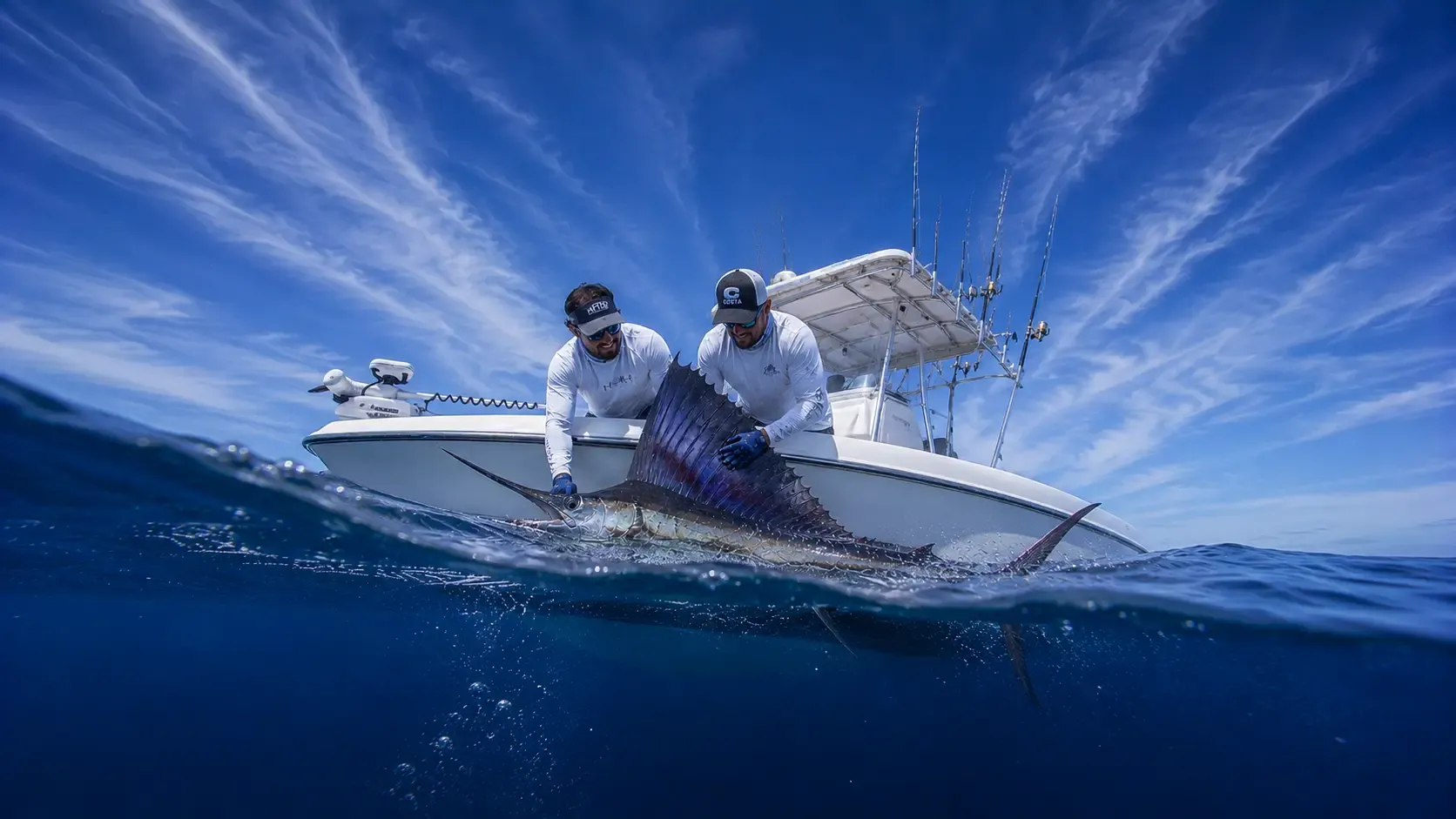 Angler on the bow of a guide-poled skiff fighting a permit on the Belizean flats, barrier reef line visible in the distance, early morning Caribbean light