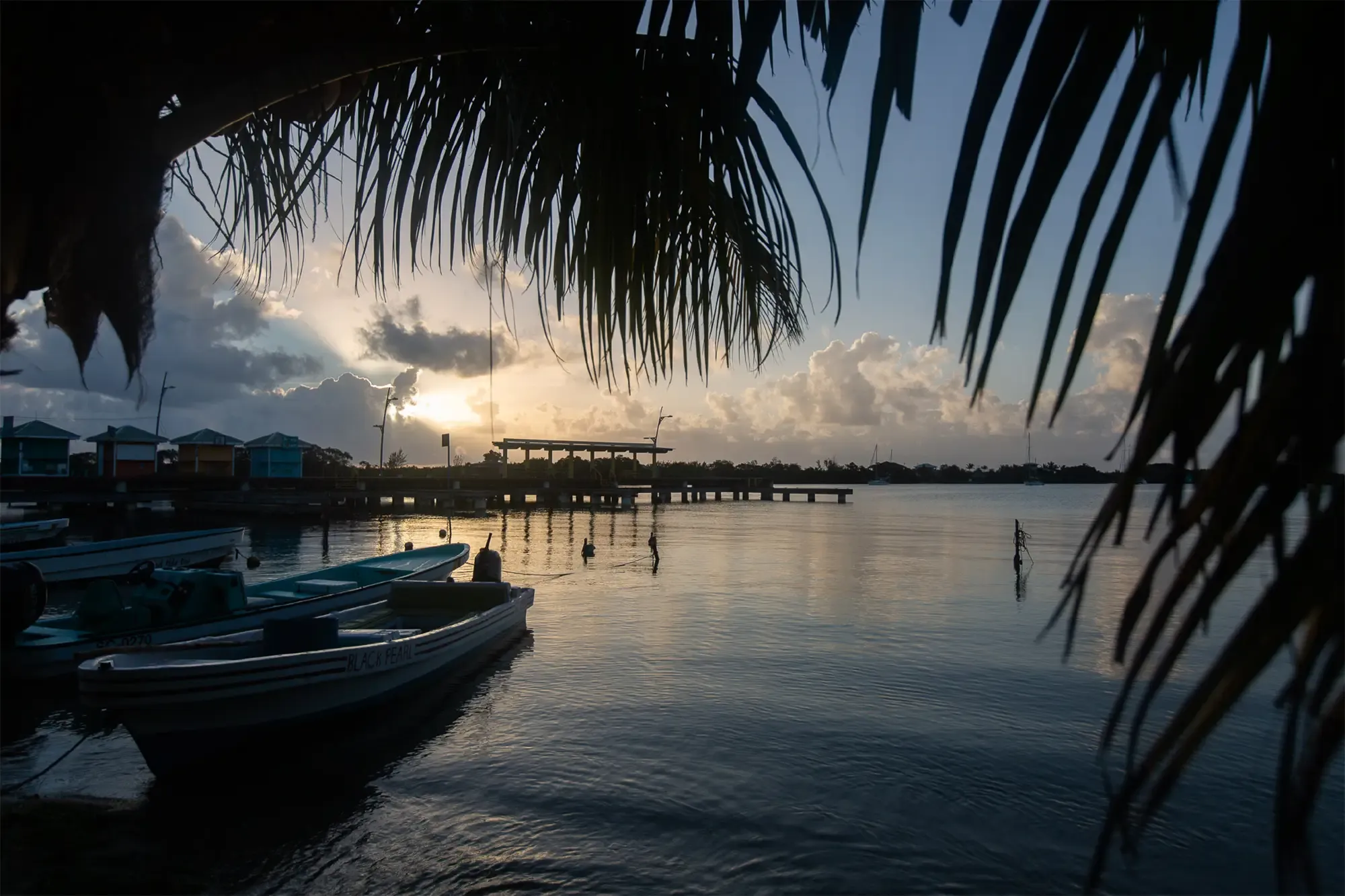 Fishing skiffs tied at the San Pedro dock at dawn, calm water, the start of another day on the Belizean flats and reef